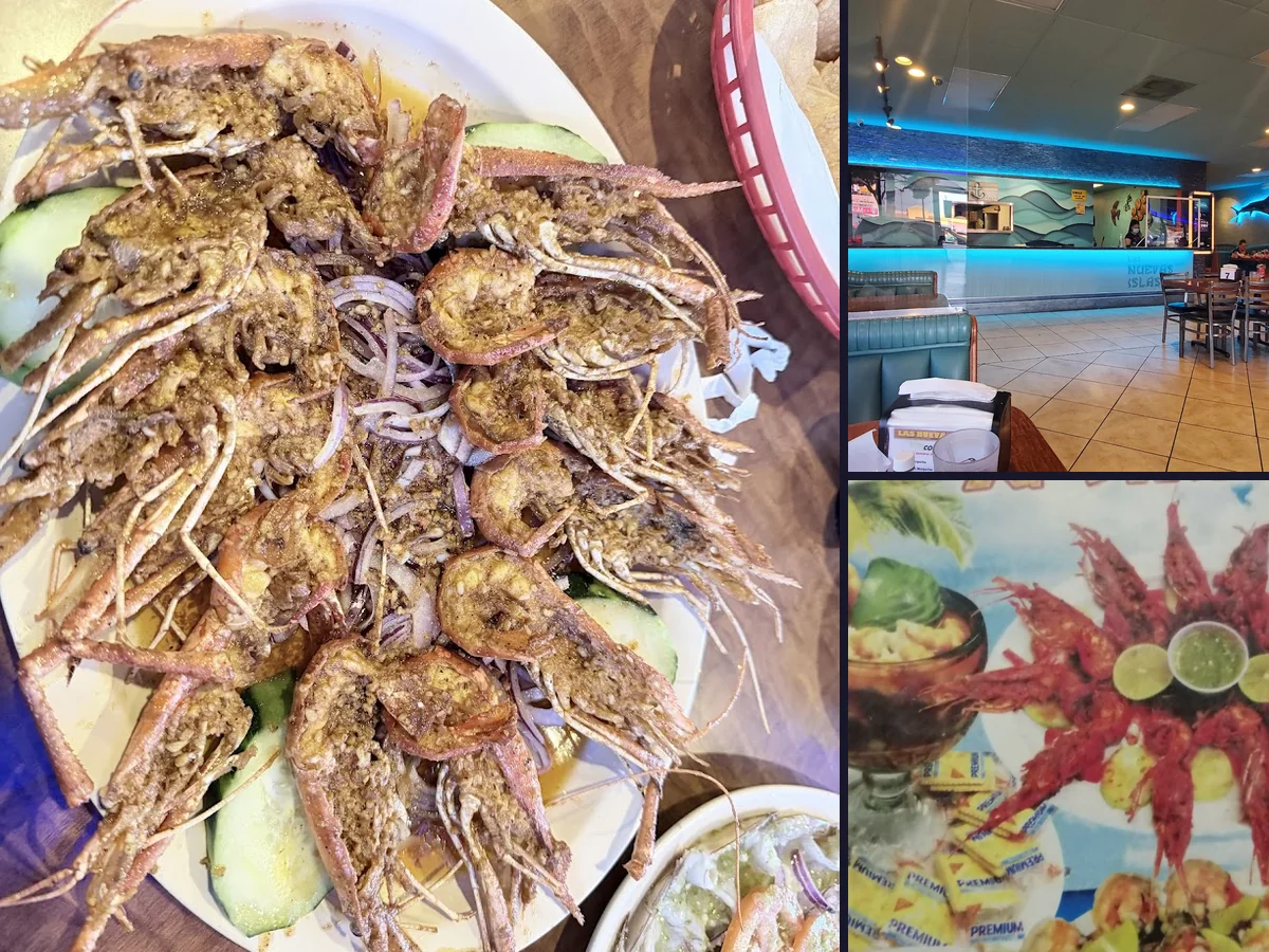 Seafood dishes beside chilled drinks and lime wedges.