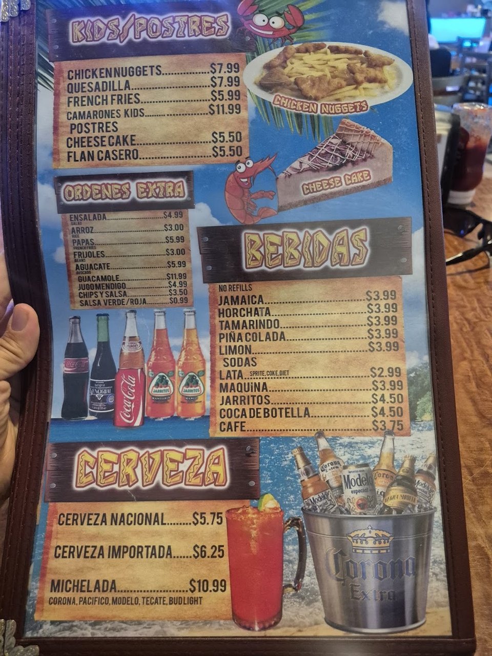 Menu page showing shrimp dishes and fish plates.