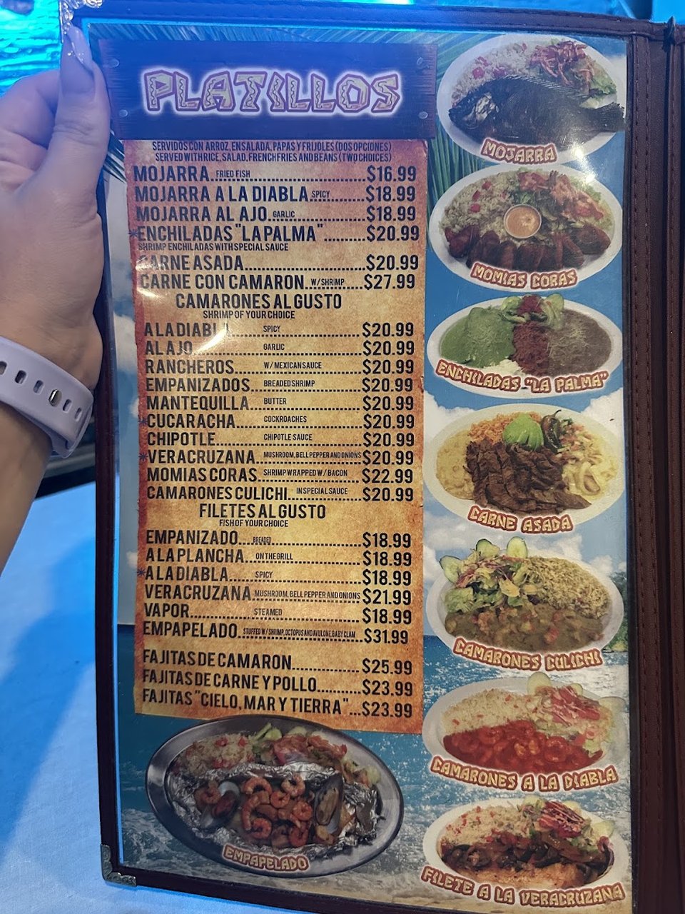 Mexican menu with drinks, plates, and shrimp options.